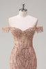 Load image into Gallery viewer, Sparkly Dusty Rose Mermaid Off the Shoulder Long Prom Dress with Slit