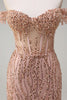 Load image into Gallery viewer, Sparkly Dusty Rose Mermaid Off the Shoulder Long Prom Dress with Slit