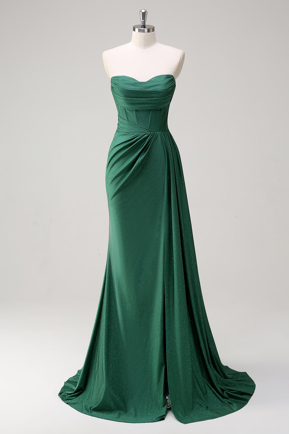 Glitter Dark Green Strapless Mermaid Long Prom Dress with Slit