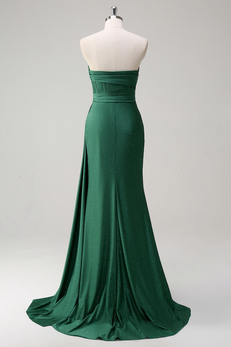 Load image into Gallery viewer, Glitter Dark Green Strapless Mermaid Long Prom Dress with Slit