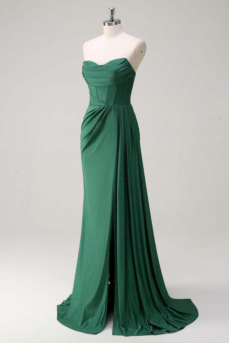 Load image into Gallery viewer, Glitter Dark Green Strapless Mermaid Long Prom Dress with Slit