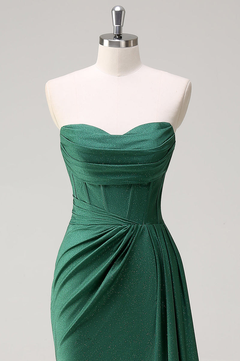 Load image into Gallery viewer, Glitter Dark Green Strapless Mermaid Long Prom Dress with Slit