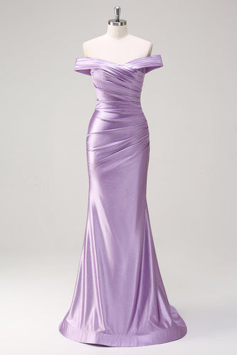 Lilac Mermaid Off the Shoulder Ruched Long Prom Dress