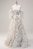 Load image into Gallery viewer, White Floral A Line Off The Shoulder Print Floral Long Prom Dress with Ruffle Slit