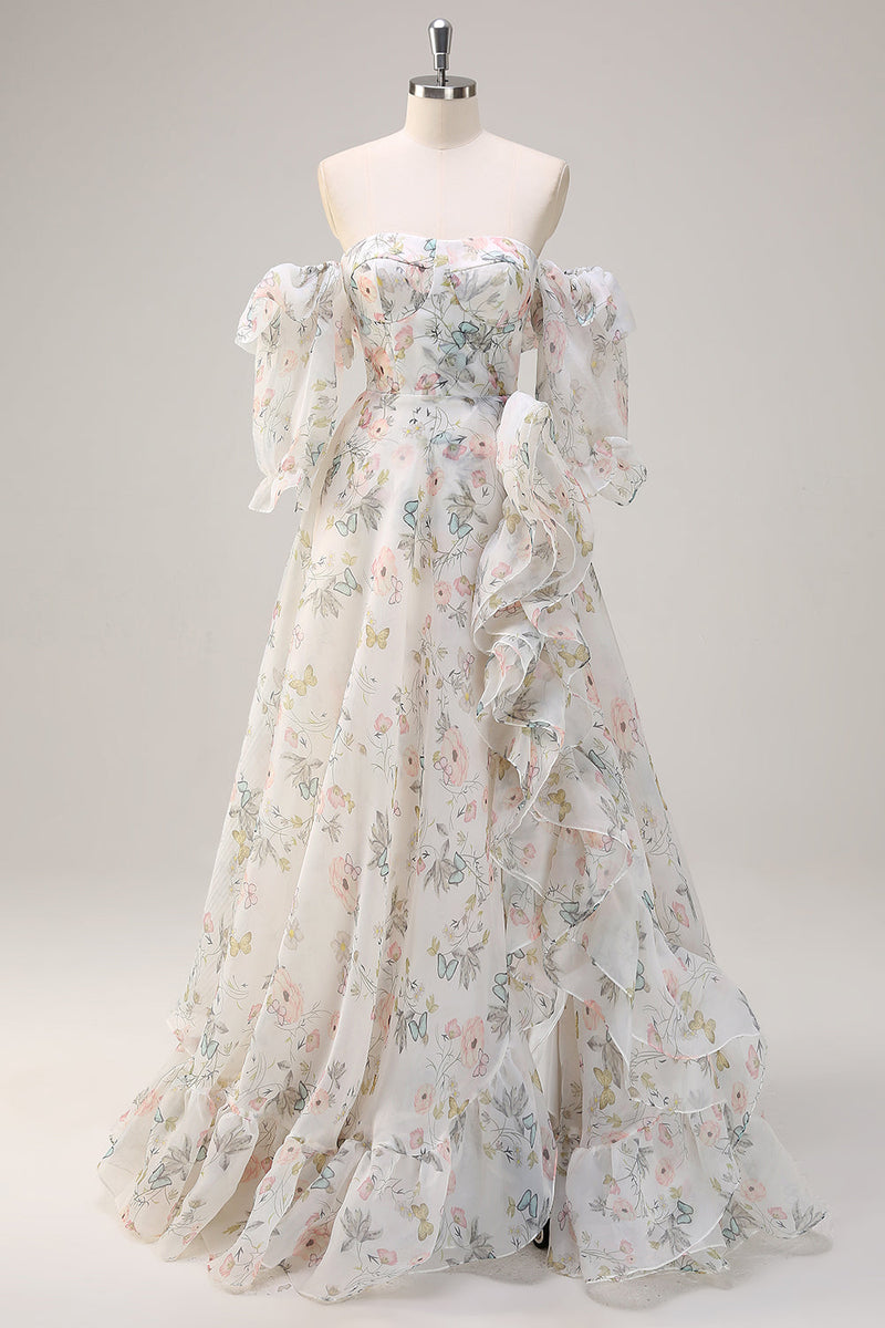 Load image into Gallery viewer, White Floral A Line Off The Shoulder Print Floral Long Prom Dress with Ruffle Slit