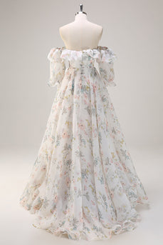 White Floral A Line Off The Shoulder Print Floral Long Prom Dress with Ruffle Slit