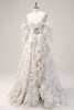 Load image into Gallery viewer, White Floral A Line Off The Shoulder Print Floral Long Prom Dress with Ruffle Slit