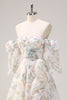 Load image into Gallery viewer, White Floral A Line Off The Shoulder Print Floral Long Prom Dress with Ruffle Slit