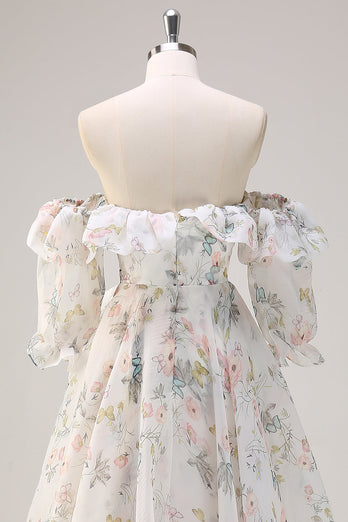 White Floral A Line Off The Shoulder Print Floral Long Prom Dress with Ruffle Slit