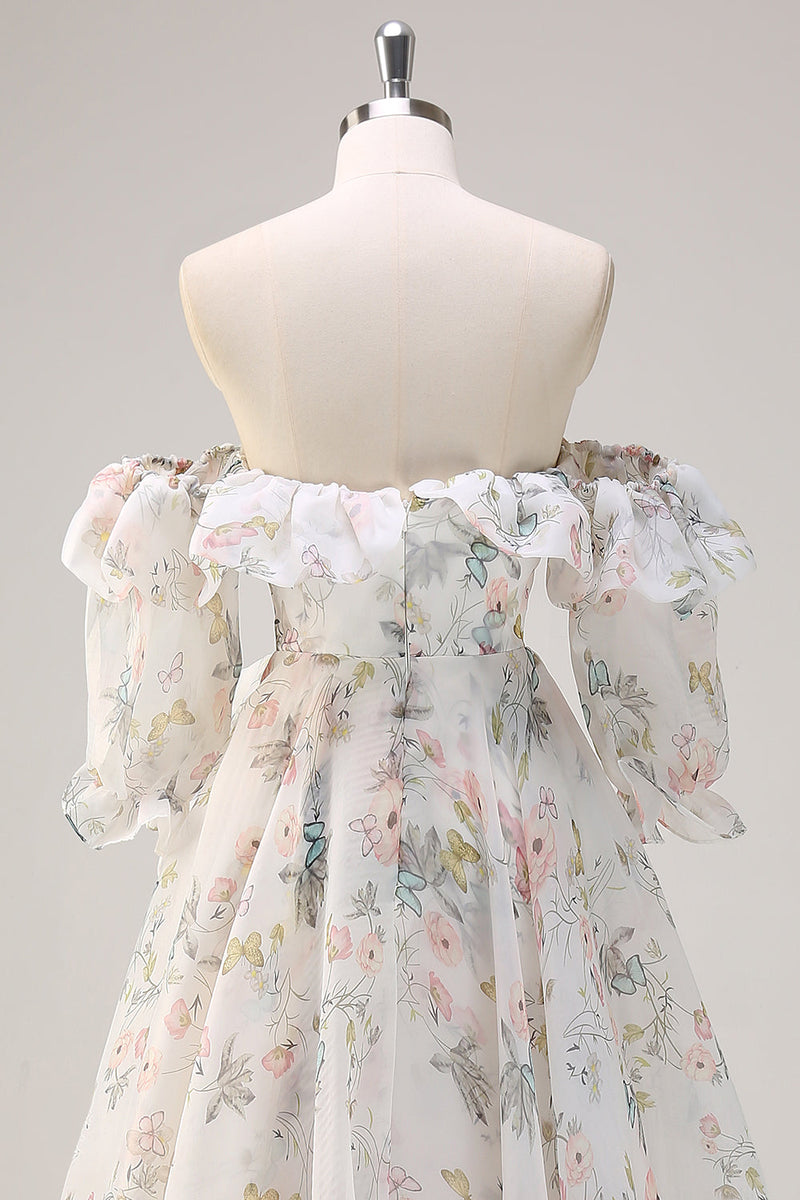 Load image into Gallery viewer, White Floral A Line Off The Shoulder Print Floral Long Prom Dress with Ruffle Slit