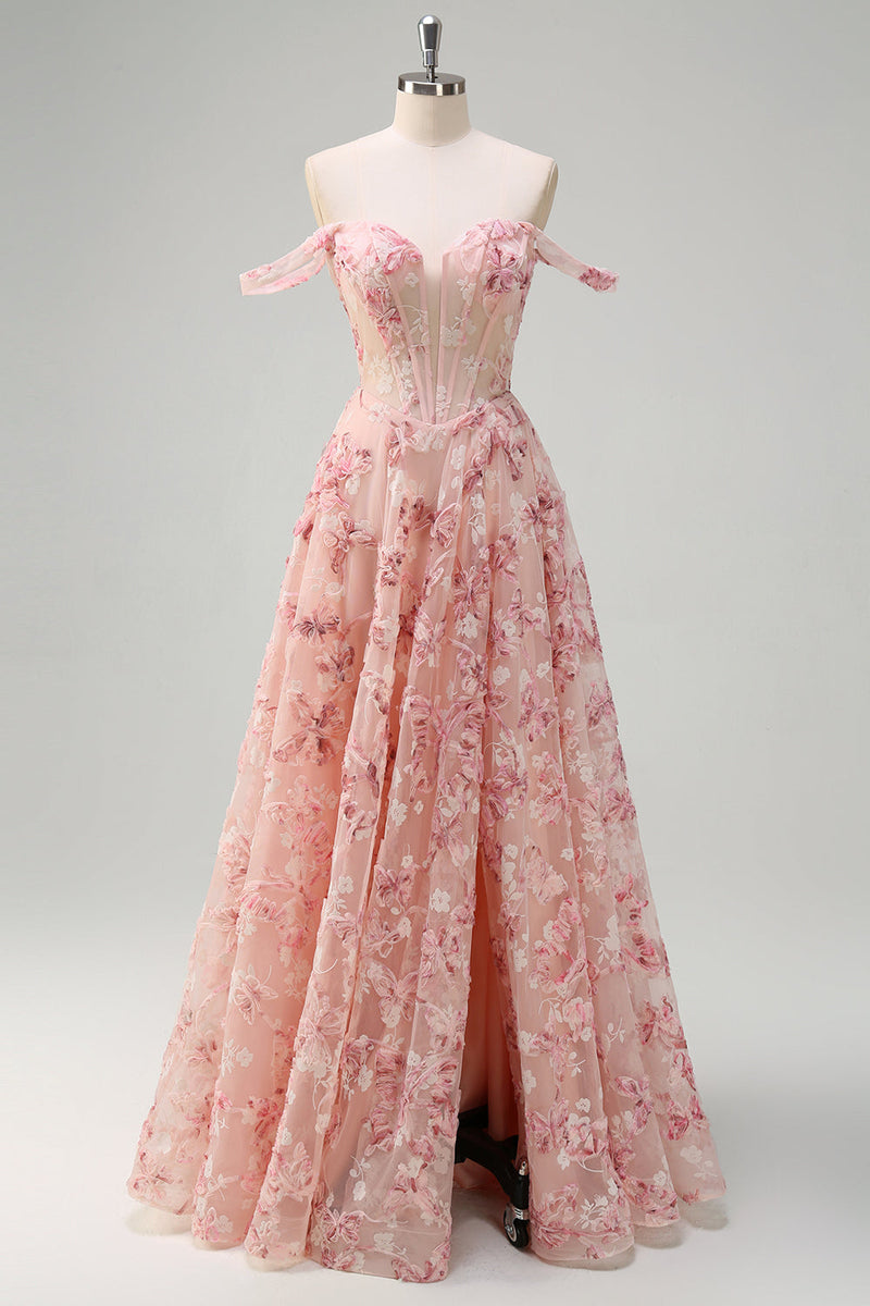 Load image into Gallery viewer, Pink Floral Off The Shoulder A-Line Corset Prom Dress with Slit