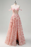 Pink Floral Off The Shoulder A-Line Corset Prom Dress with Slit