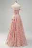 Load image into Gallery viewer, Pink Floral Off The Shoulder A-Line Corset Prom Dress with Slit