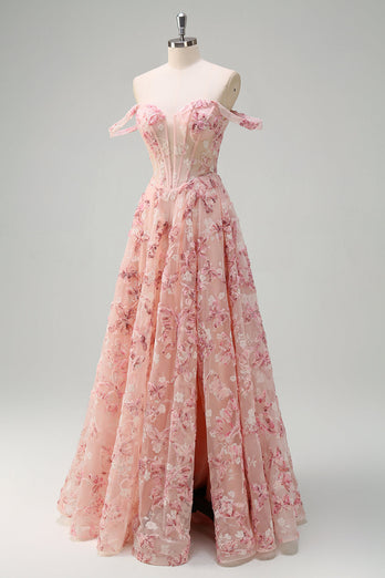 Pink Floral Off The Shoulder A-Line Corset Prom Dress with Slit