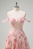 Load image into Gallery viewer, Pink Floral Off The Shoulder A-Line Corset Prom Dress with Slit