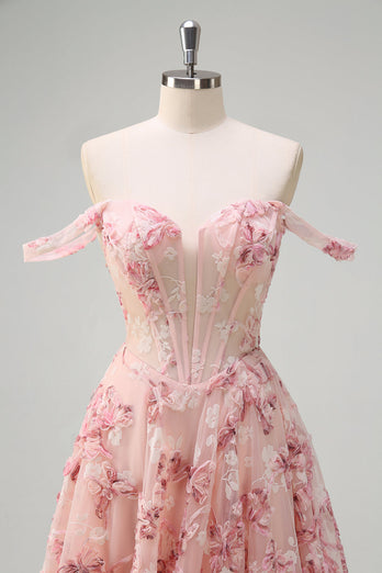 Pink Floral Off The Shoulder A-Line Corset Prom Dress with Slit