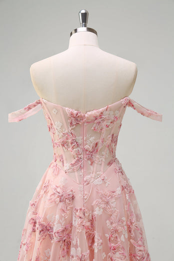 Pink Floral Off The Shoulder A-Line Corset Prom Dress with Slit