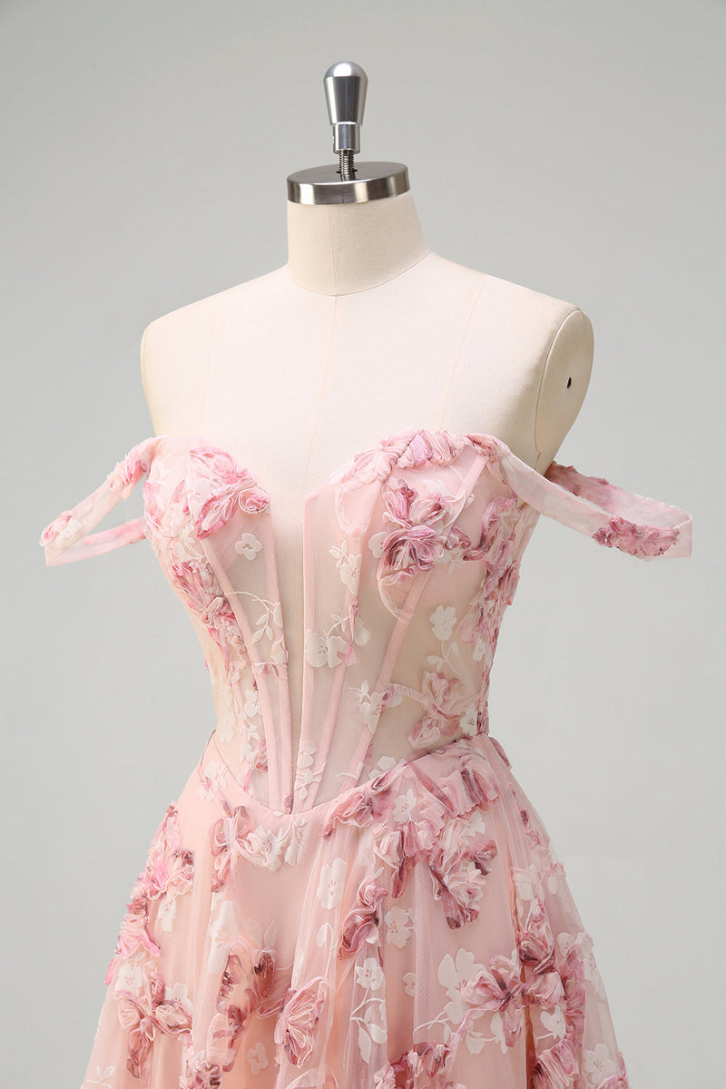 Load image into Gallery viewer, Pink Floral Off The Shoulder A-Line Corset Prom Dress with Slit