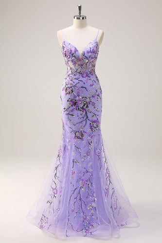 Sparkly Purple Mermaid Spaghetti Straps Corset Long Sequin Prom Dress