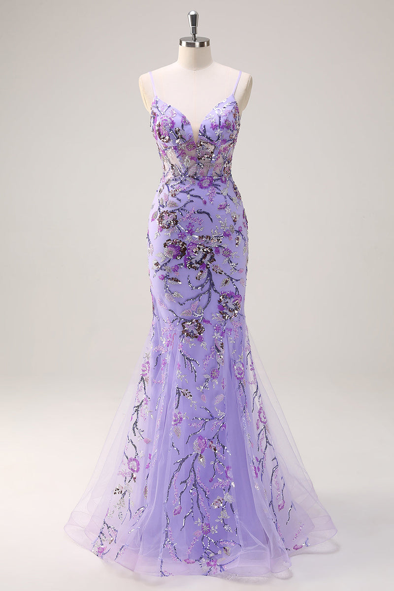 Load image into Gallery viewer, Sparkly Purple Mermaid Spaghetti Straps Corset Long Sequin Prom Dress