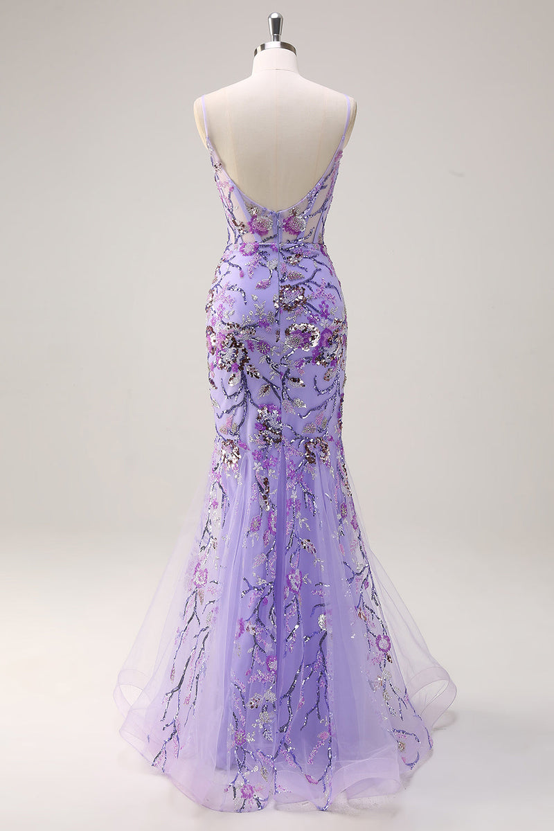 Load image into Gallery viewer, Sparkly Purple Mermaid Spaghetti Straps Corset Long Sequin Prom Dress