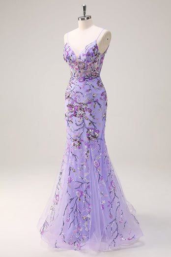 Sparkly Purple Mermaid Spaghetti Straps Corset Long Sequin Prom Dress