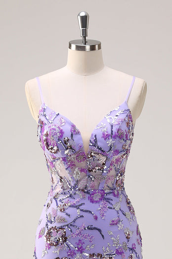 Sparkly Purple Mermaid Spaghetti Straps Corset Long Sequin Prom Dress