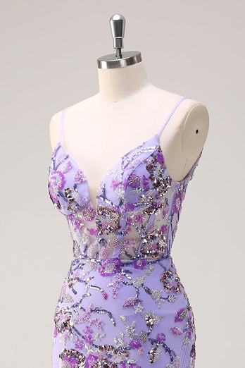 Sparkly Purple Mermaid Spaghetti Straps Corset Long Sequin Prom Dress