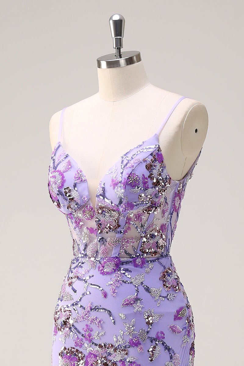 Load image into Gallery viewer, Sparkly Purple Mermaid Spaghetti Straps Corset Long Sequin Prom Dress