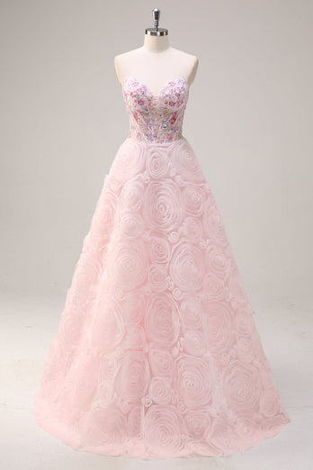 Sparkly Princess Pink Strapless Corset Floral Long Prom Dress With Sequins