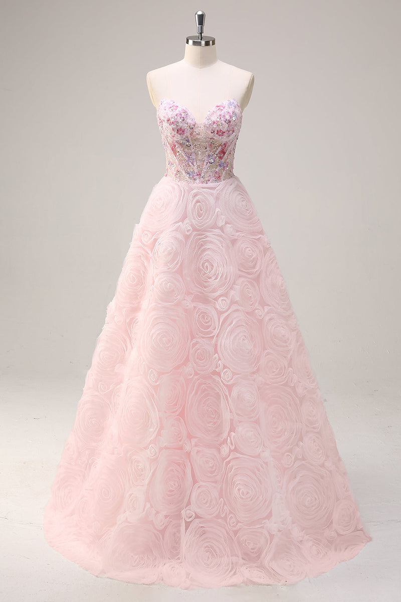 Load image into Gallery viewer, Sparkly Princess Pink Strapless Corset Floral Long Prom Dress With Sequins