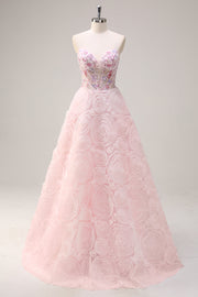 Pink Princess Strapless Floral Corset Long Prom Dress With Sequins