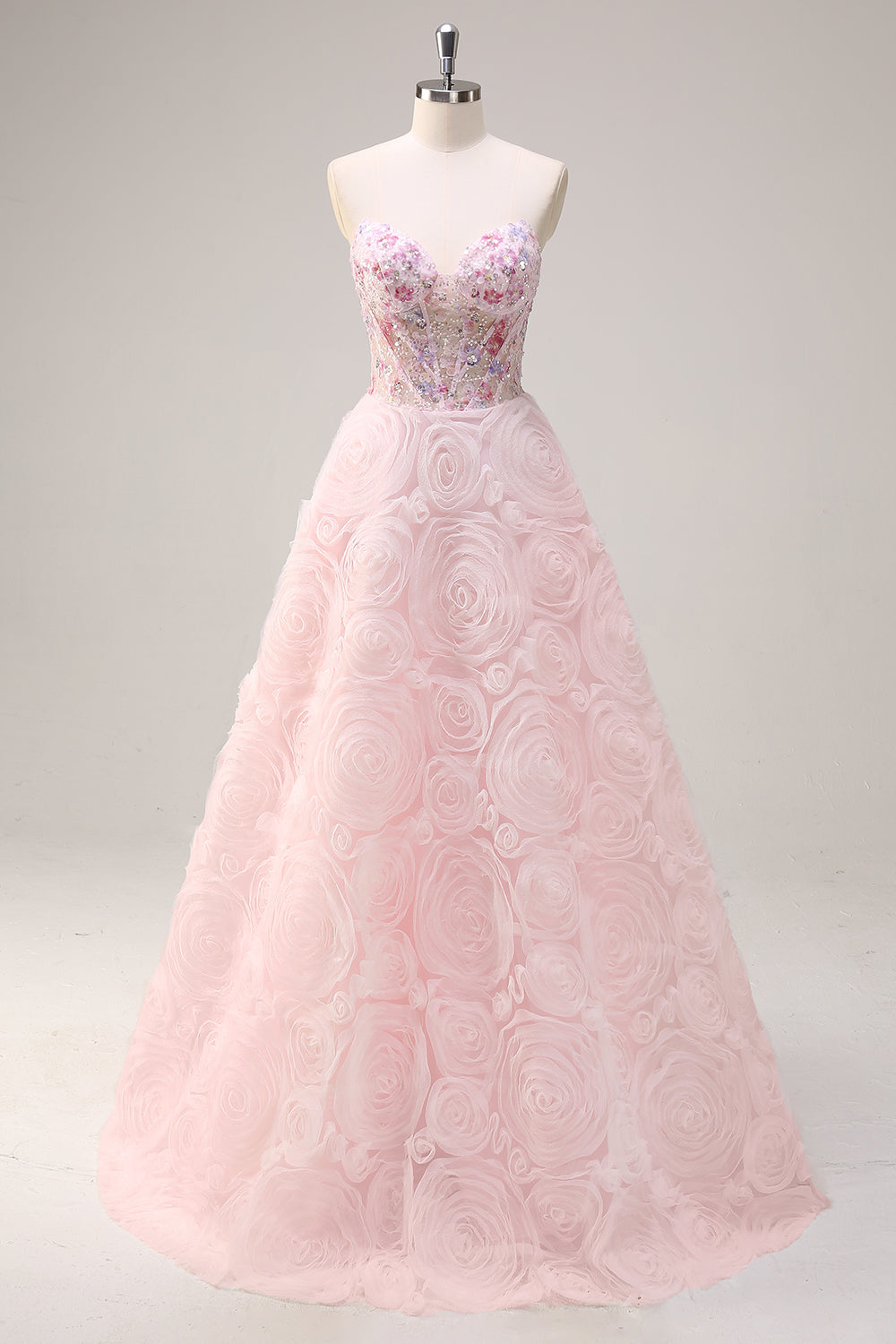 Pink Princess Strapless Floral Corset Long Prom Dress With Sequins