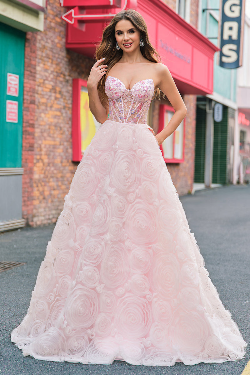 Load image into Gallery viewer, Sparkly Princess Pink Strapless Corset Floral Long Prom Dress With Sequins