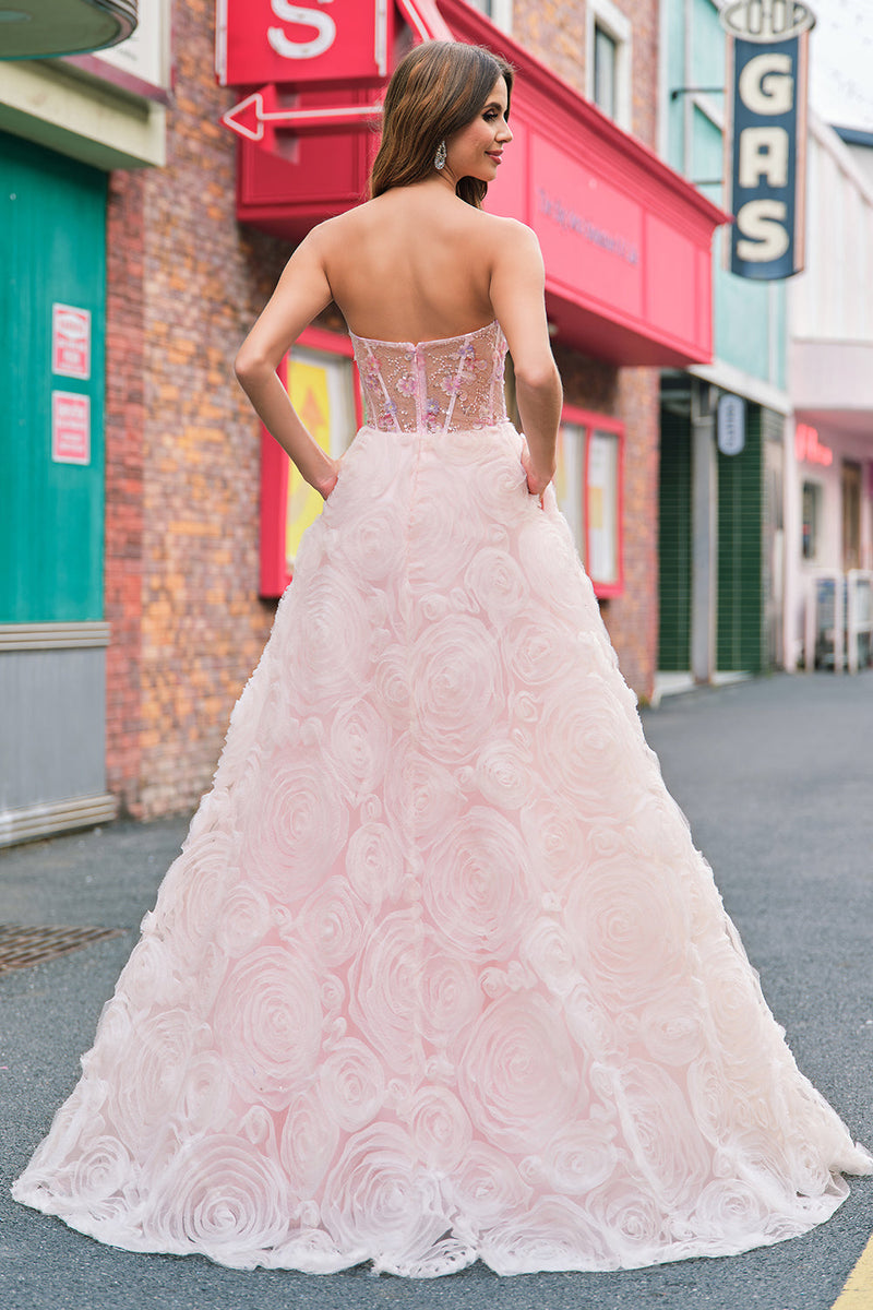 Load image into Gallery viewer, Sparkly Princess Pink Strapless Corset Floral Long Prom Dress With Sequins