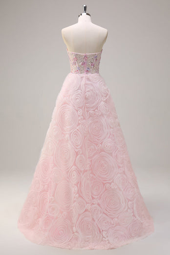 Pink Princess Strapless Floral Corset Long Prom Dress With Sequins