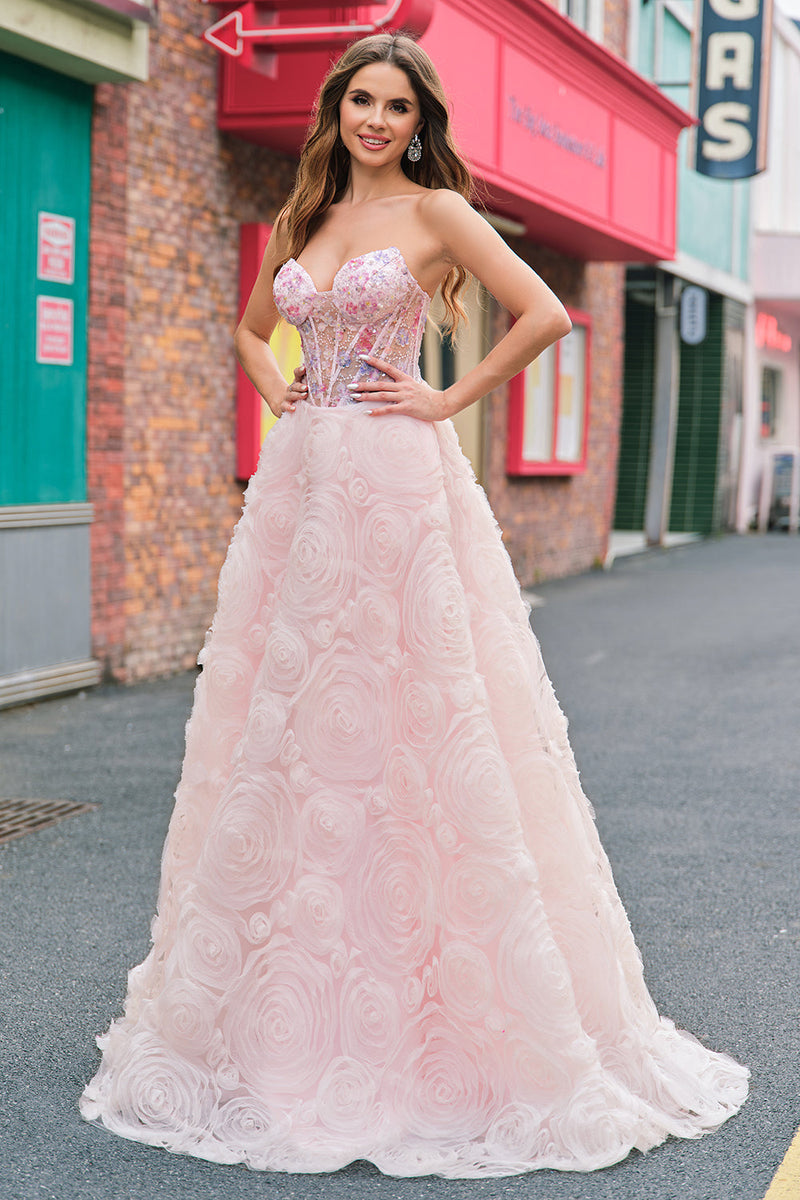 Load image into Gallery viewer, Sparkly Princess Pink Strapless Corset Floral Long Prom Dress With Sequins