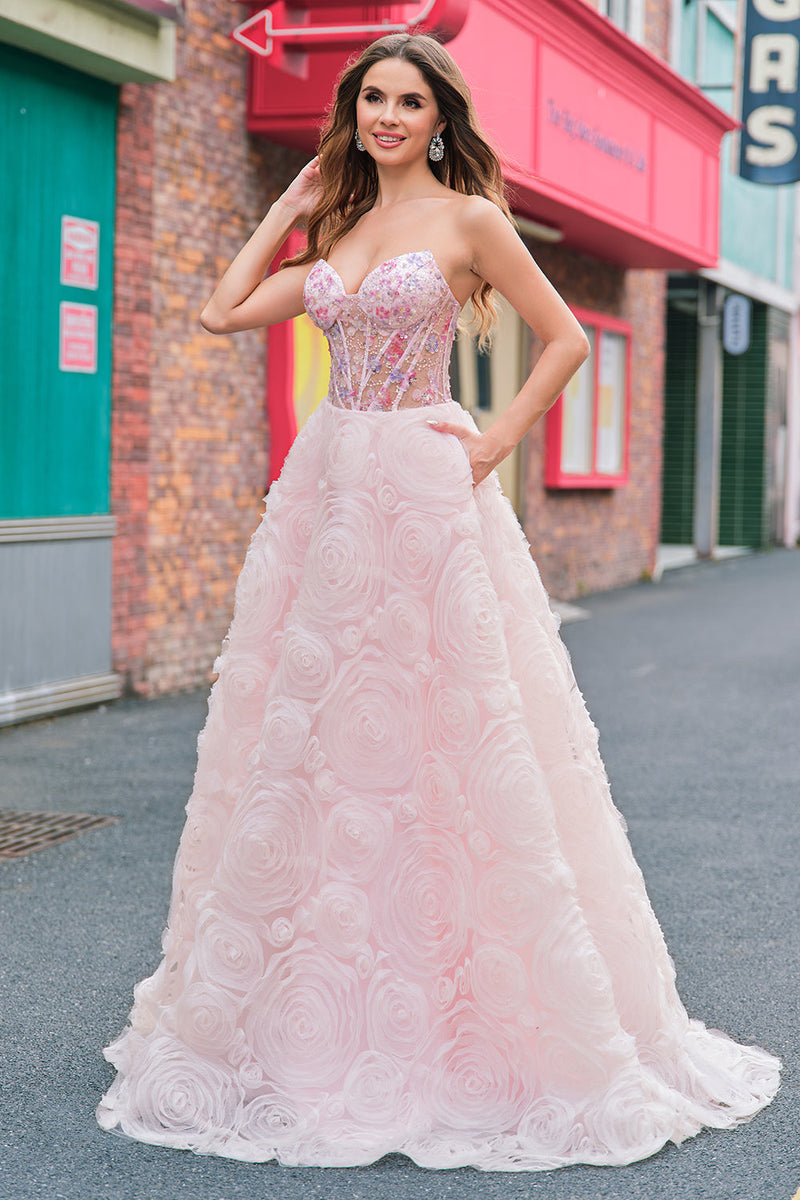 Load image into Gallery viewer, Sparkly Princess Pink Strapless Corset Floral Long Prom Dress With Sequins