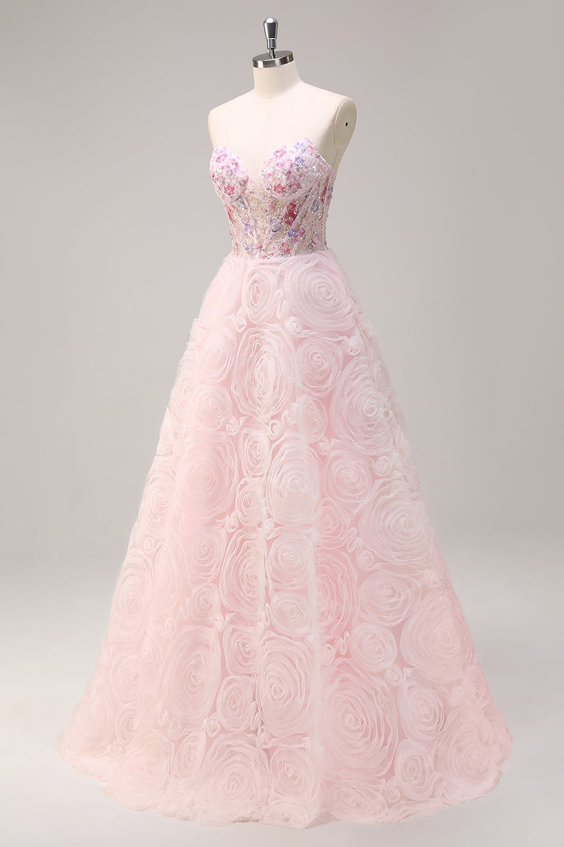 Load image into Gallery viewer, Pink Princess Strapless Floral Corset Long Prom Dress With Sequins