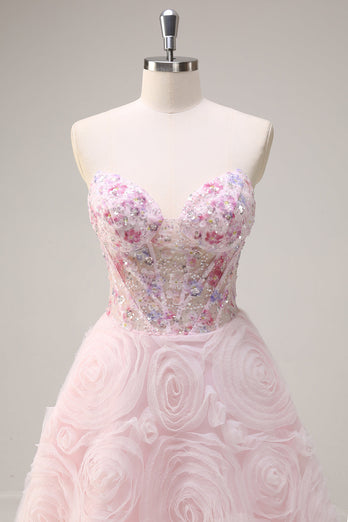 Pink Princess Strapless Floral Corset Long Prom Dress With Sequins