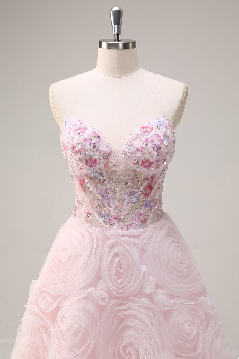 Load image into Gallery viewer, Pink Princess Strapless Floral Corset Long Prom Dress With Sequins