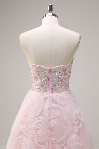 Pink Princess Strapless Floral Corset Long Prom Dress With Sequins