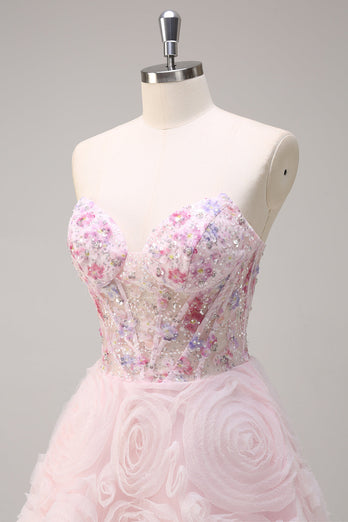 Pink Princess Strapless Floral Corset Long Prom Dress With Sequins