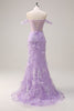 Load image into Gallery viewer, Lilac Off the Shoulder Mermaid Long Corset Prom Dress with 3D Appliques Slit