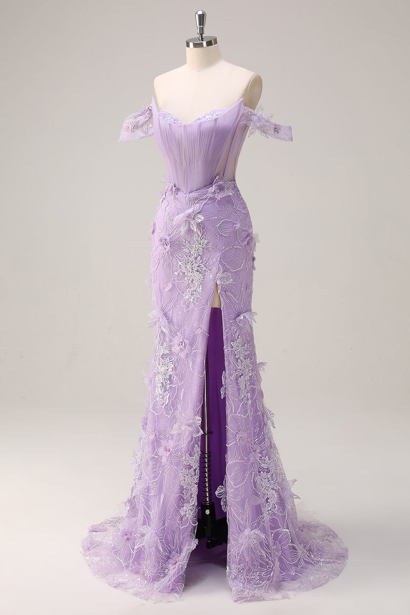 Load image into Gallery viewer, Lilac Off the Shoulder Mermaid Long Corset Prom Dress with 3D Appliques Slit