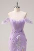 Load image into Gallery viewer, Lilac Off the Shoulder Mermaid Long Corset Prom Dress with 3D Appliques Slit