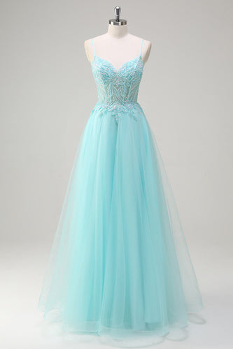 Sky Blue Spaghetti Straps Beaded A-Line Prom Dress with Appliques