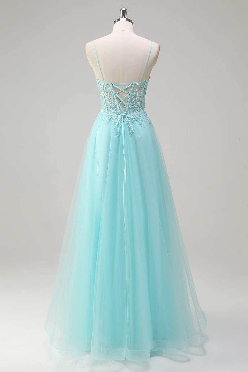 Load image into Gallery viewer, Sky Blue Spaghetti Straps Beaded A-Line Prom Dress with Appliques