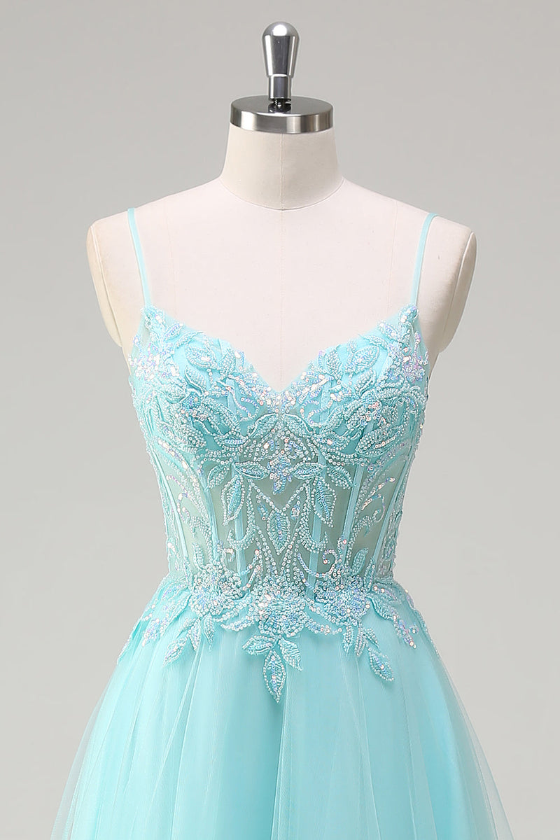 Load image into Gallery viewer, Sky Blue Spaghetti Straps Beaded A-Line Prom Dress with Appliques