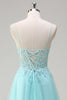 Load image into Gallery viewer, Sky Blue Spaghetti Straps Beaded A-Line Prom Dress with Appliques